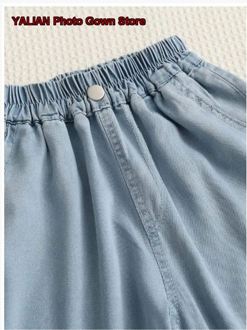 Girls Lyocell Denim Capri Pants Kids Summer Thin Ice Silk Breathable Solid Color Middle Kids