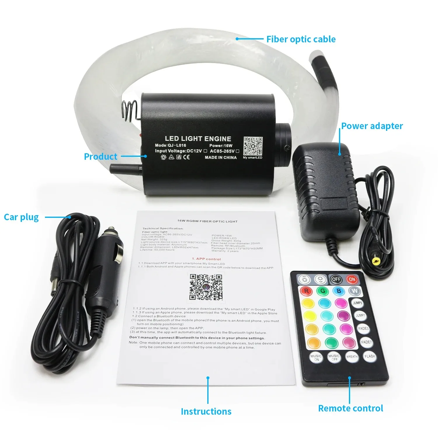 16W Bluetooth App Control Fiber Optic Light Source Rgbw Lamp Beads Music Activated 28-Key Remote Control for Car Headliner Stars