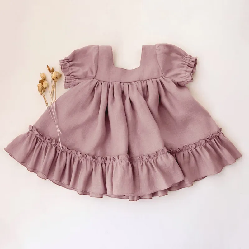 Baby Girls Cotton and Linen Dress Summer New Style Button Casual Loose Baby Dresses Kids Baby Short Sleeve Clothes