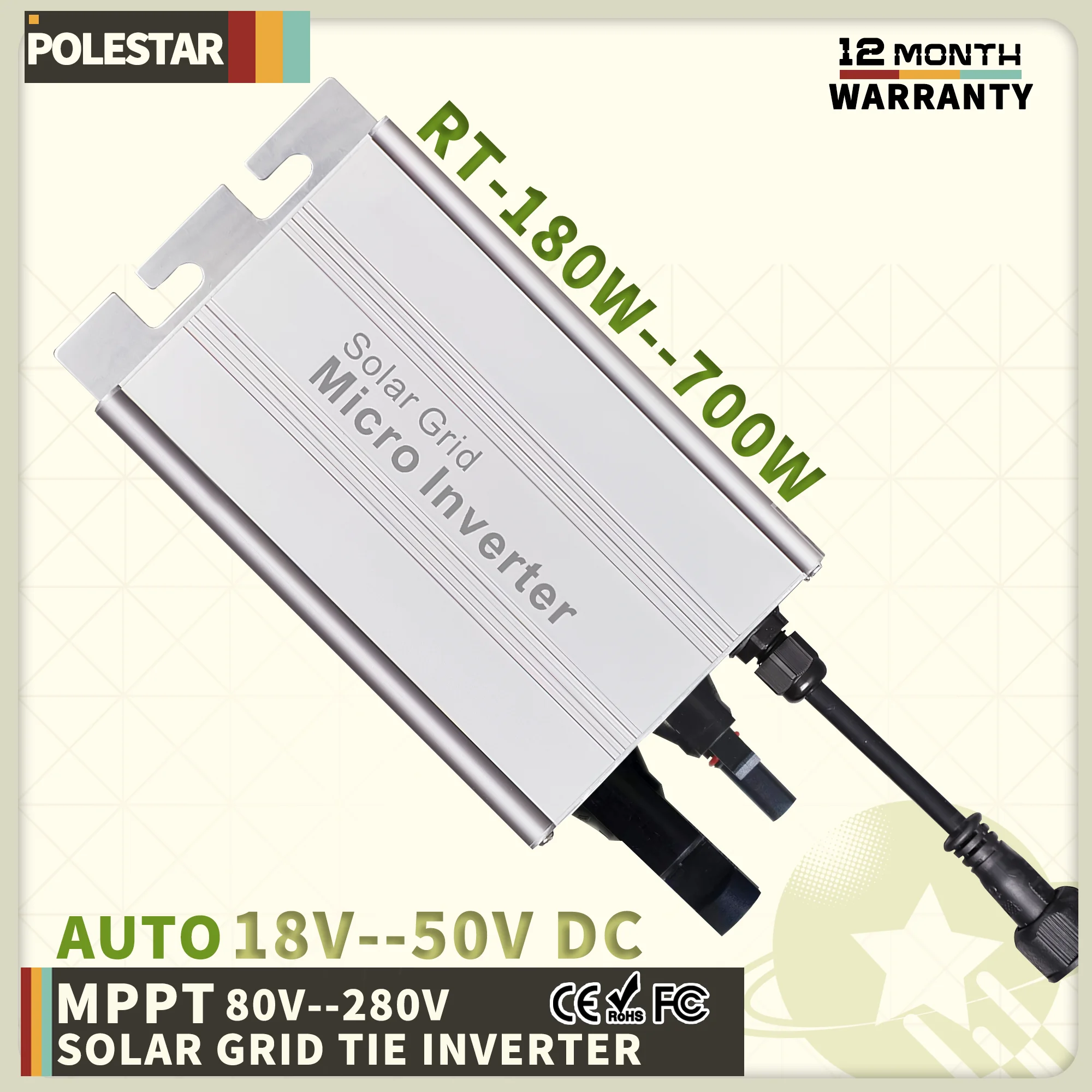 Polestar Solar Grid Tie Micro Inverter MPPT Smart Micro PV System 180W 500W 700W DC 18V-50V to AC Output 120V/230V Auto