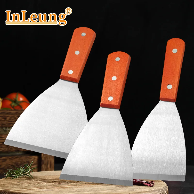 Spatule Oblique en acier inoxydable, pour Steak, Burger, crêpes, Pizza, pelle, manche en bois, ustensiles de Barbecue, outils de cuisine