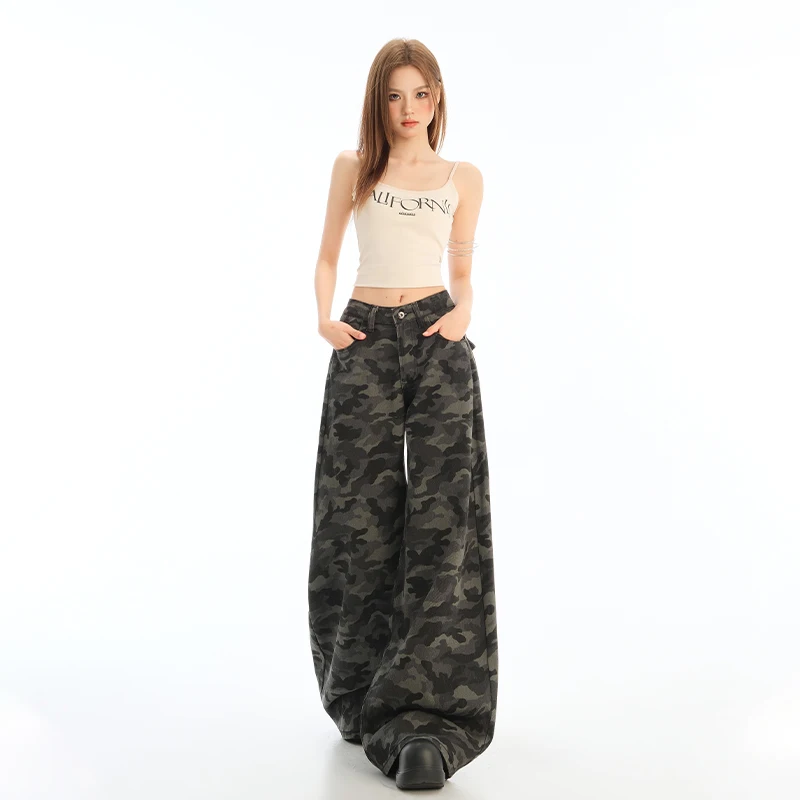 American Sle Workwear Wide Leg Retro Camouflage Jeans Women's High Waist Slim Loose Drapey High Street Straight Leg Pants
