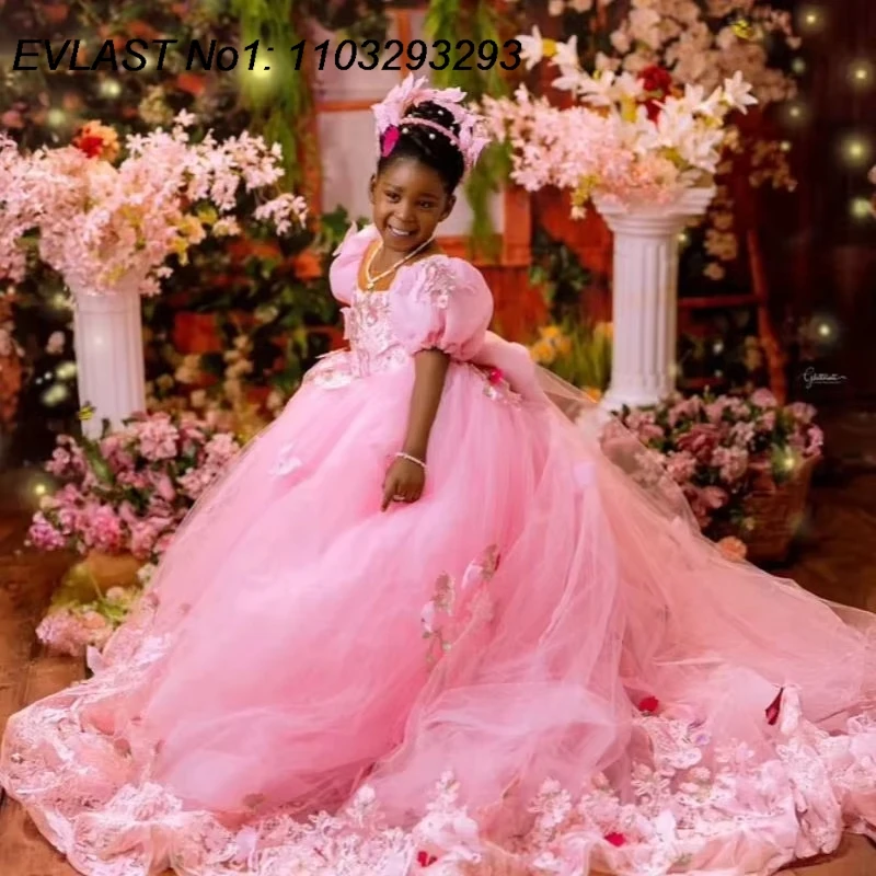 EVLAS Customized Princess Pink Girl's Pageant Dress Flower Girl Dress Appliqued Long Baby Girl Prom Gown for Photoshoot TFD185