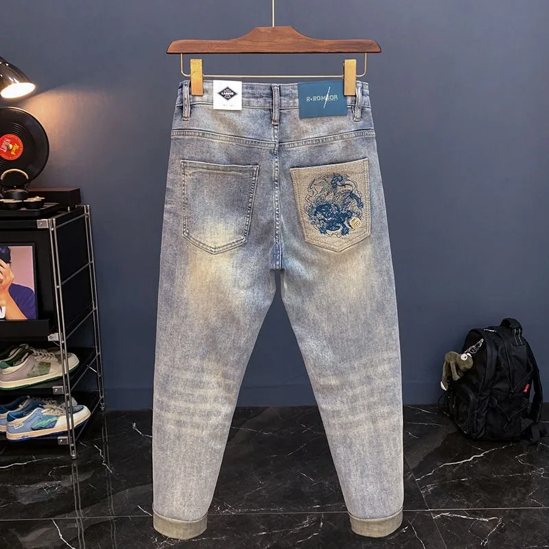 Trendy Brand Retro Blue Jeans Men's Slim-fit Skinny Summer Thin Fashionable Casual Cropped Pants