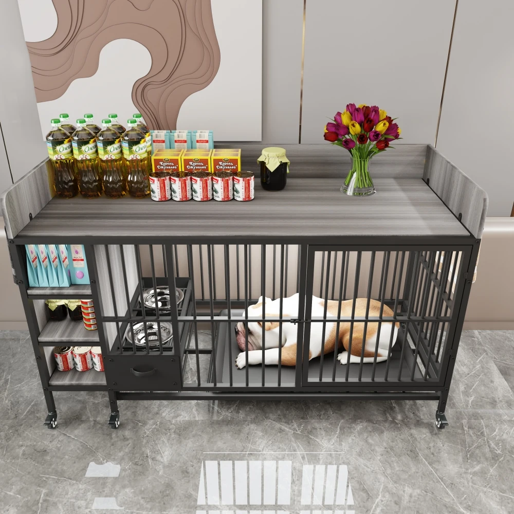 

Large pet cage with storage rack, drawers with stainless steel food and water basin, made of iron frame and MDF material, sturdy