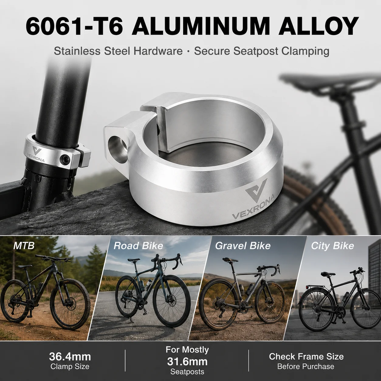 Image of VEXRONA Leichtgewichtige 36,4mm Fahrrad-Sattelstützenklemme aus 6061-T6 Aluminium für 31,6mm MTB Rennrad Gravel Bike