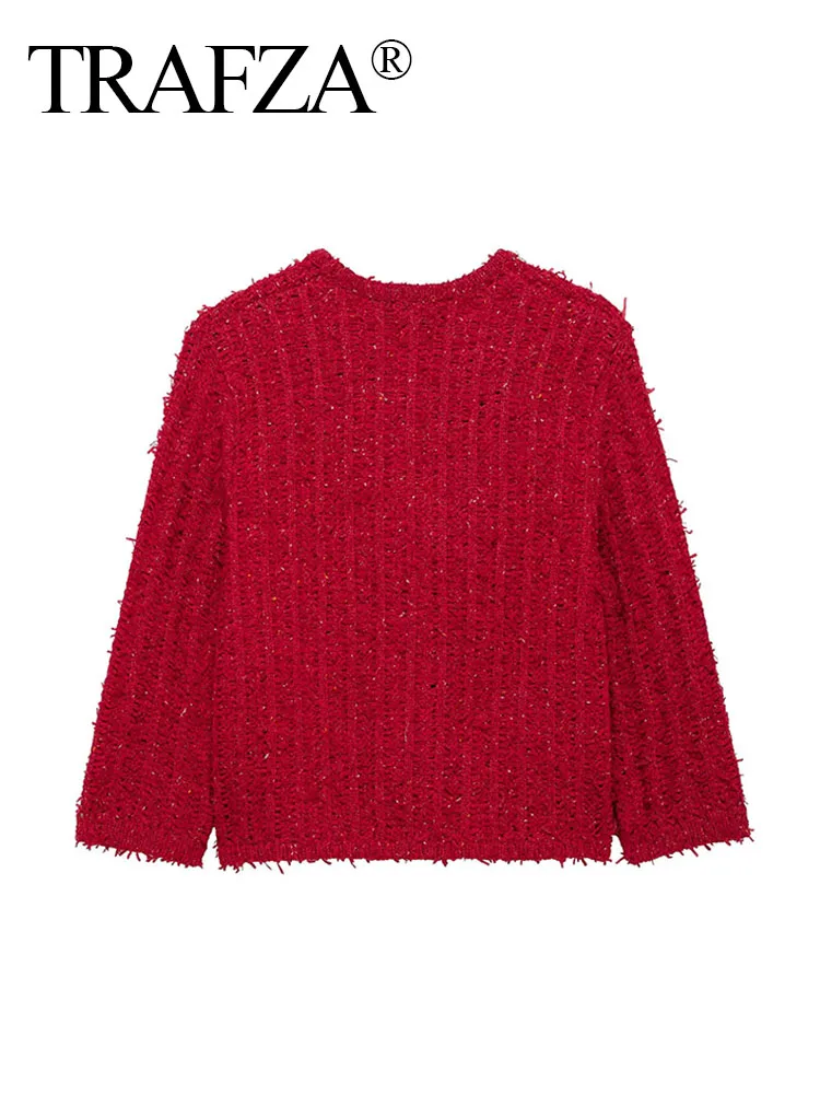 TRAFZA Female Casual Long Sleeves Coats Red Pockets Single-Breasted Cardigan Women' Spring New Fashion O-Neck Knitting Tops