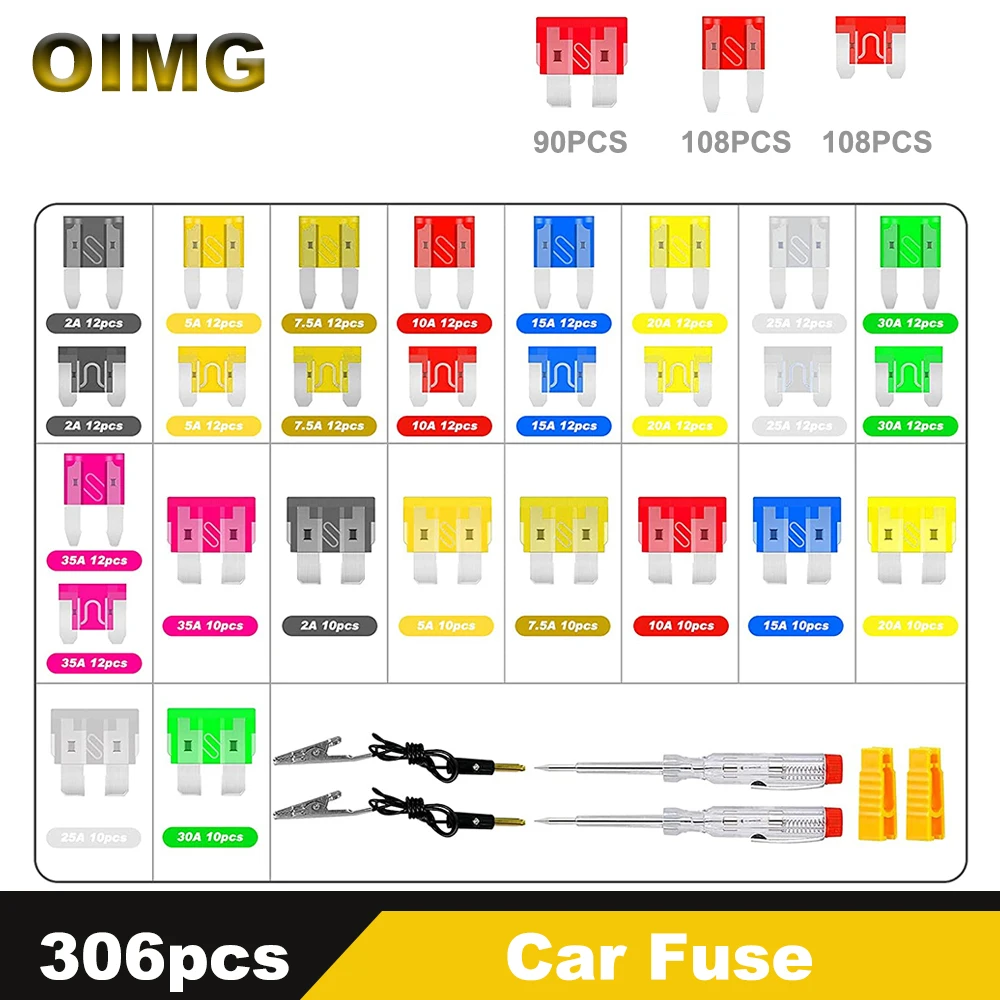 306Pcs Car Fuses Kit Standard, Mini, Low Profile Mini Blade Fuse 2A/5A/7.5A/10A/15A/20A/25A/30A with Fuse Puller Circuit Tester