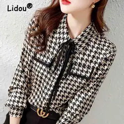 Houndstooth Single Breasted Blouses for Lady, Lacing Shirt, Korean Top, Elegant and Fashionable, Spring and Autumn, 2024 New