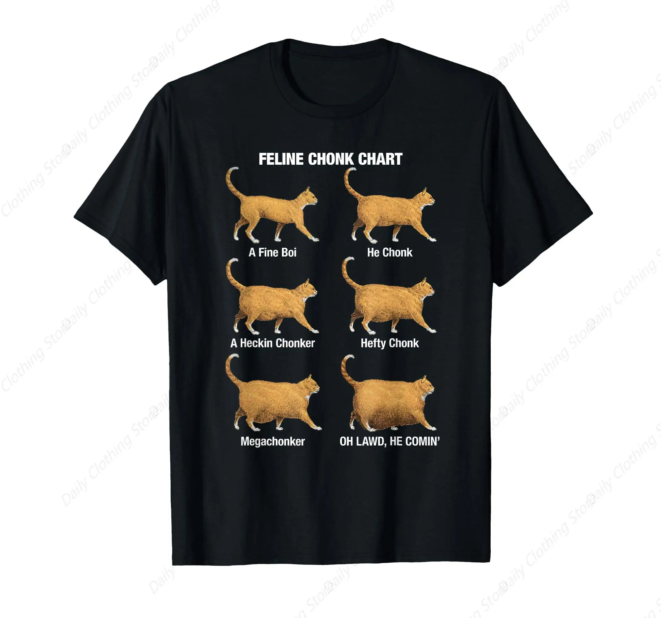 Feline Chonk Cat Chart, Funny Cat Meme, Oh Lawd He Comin T-Shirt Short Sleeves Round Neck Outdoor Leisure Daily Tee Soft Tops