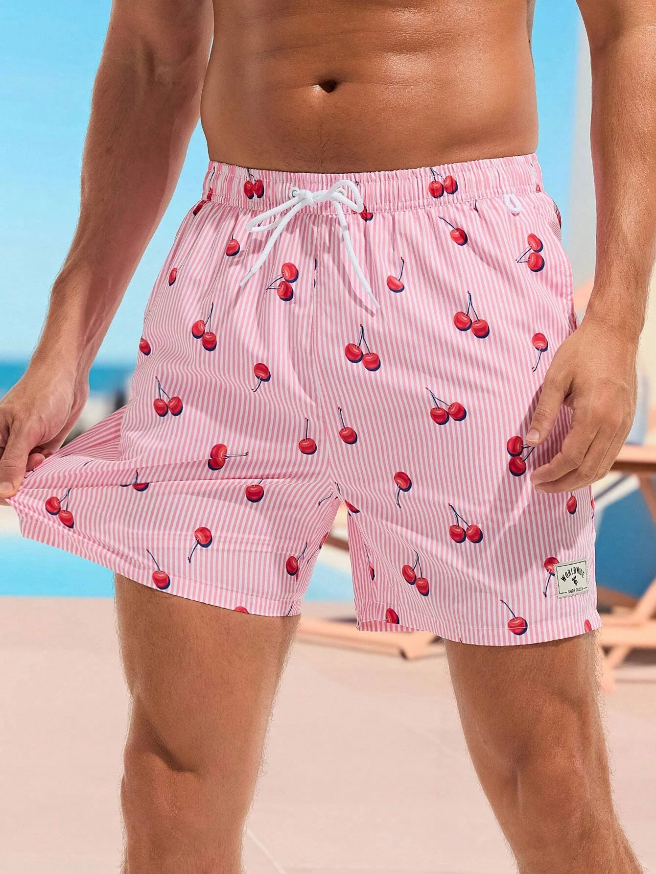 3d cherry stripe print men's swimsuit street hip hop casual shorts men summer swim shorts drawstring casual shorts