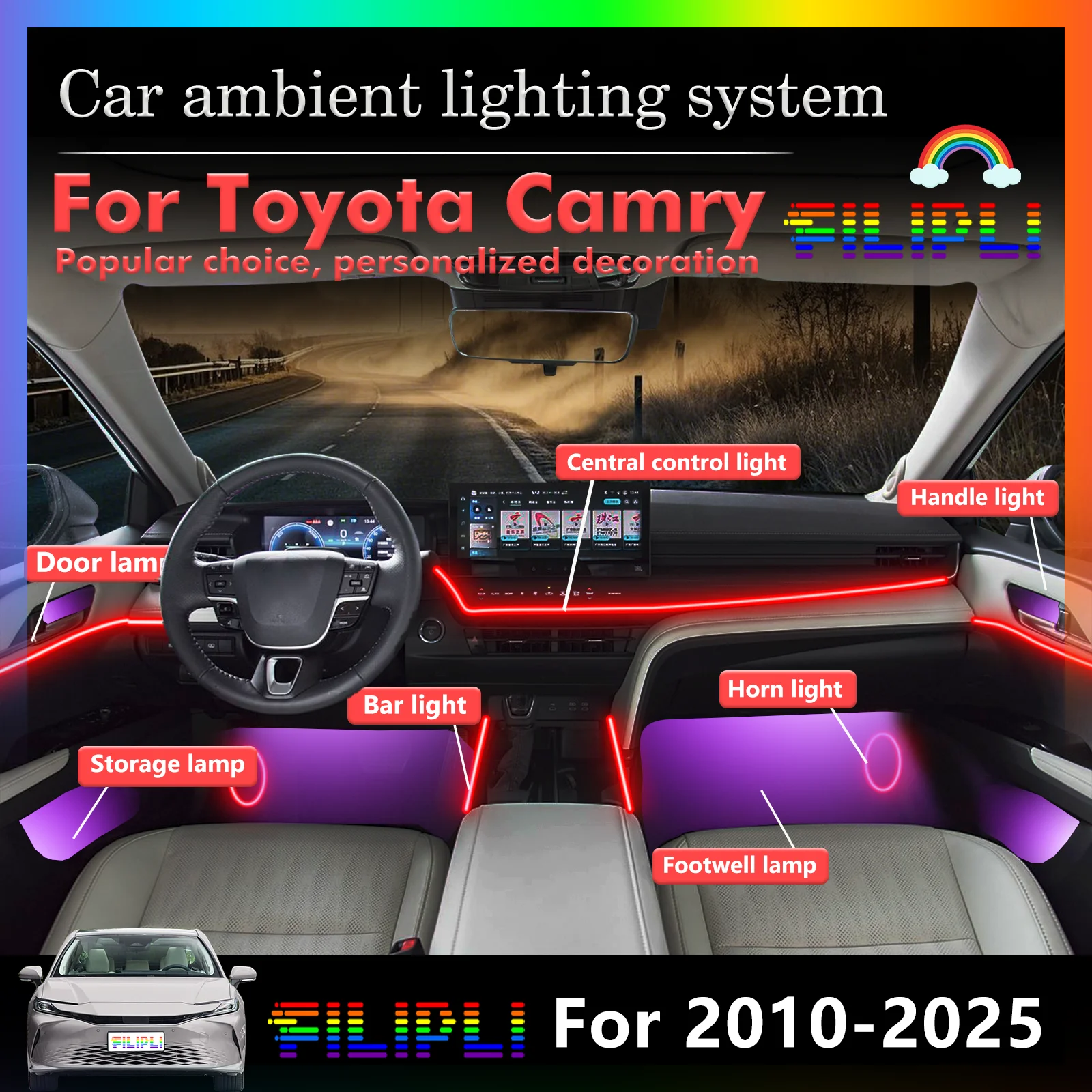 

For Toyota Camry Decorative Car Interior Lighting RGB 64 Colors LED Wireless Control Eco-Friendly