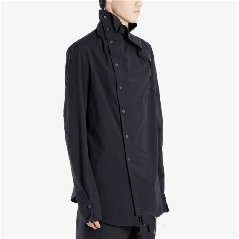 

2026 Men's Fashion Urban Black Color-Contrasting Double-Button Shirt with Irregular High Neck and Long Sleeves