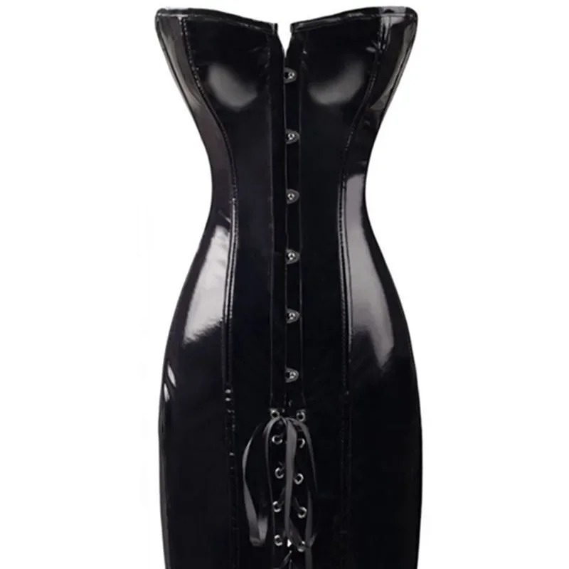 Gothic Womens Sexy Wetlook PVC Faux Leather Corset Dress Long Black Red Shape Body Slim Bustiers Overbust Corsets Latex Catsuits