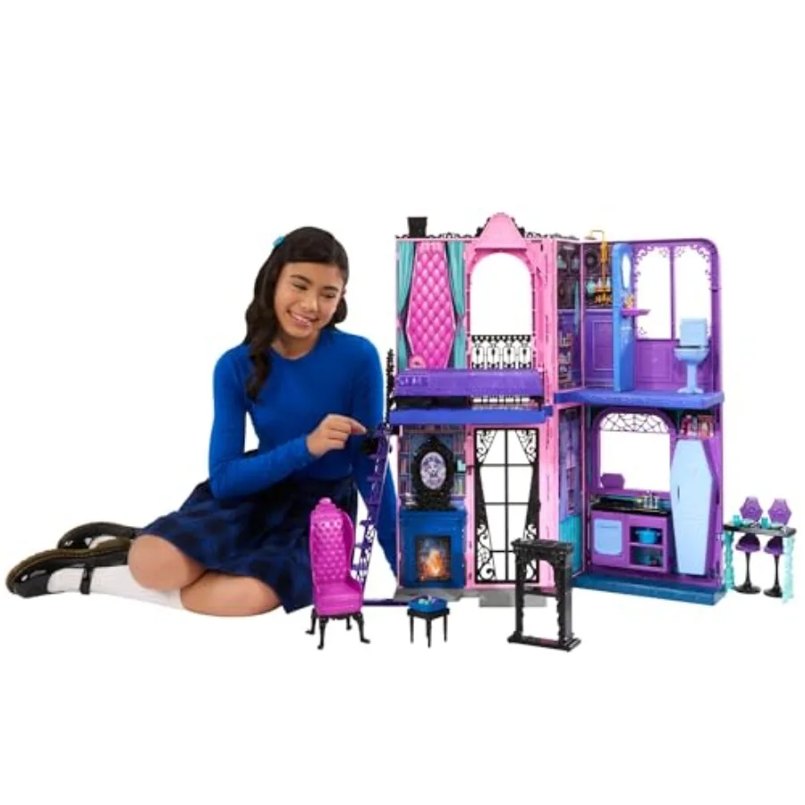 

Boo-tique Hotel Doll House: foldable playset for imaginative play, cardboard construction, black and purple, spooky surprises i