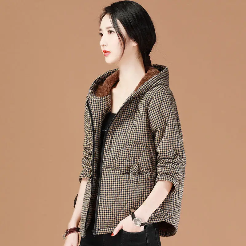 Hoodie Jacket Plush Quilted Short Women's Padded Coat Cotton Lady Parka Check Korean Style Clothing Offers Discount 2025 Trend