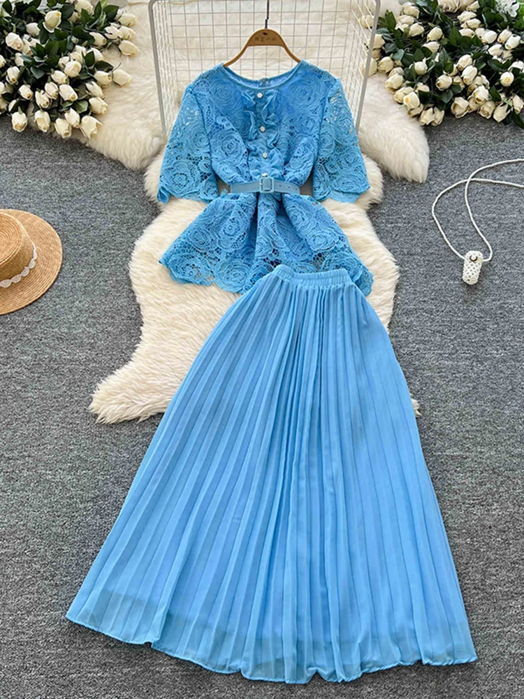 

Women Summer Skirt Sets New Vintage Style Short Sleeve Hollow Out Single Breasted Shirt Two Piece High Waist A-Line Dress C111