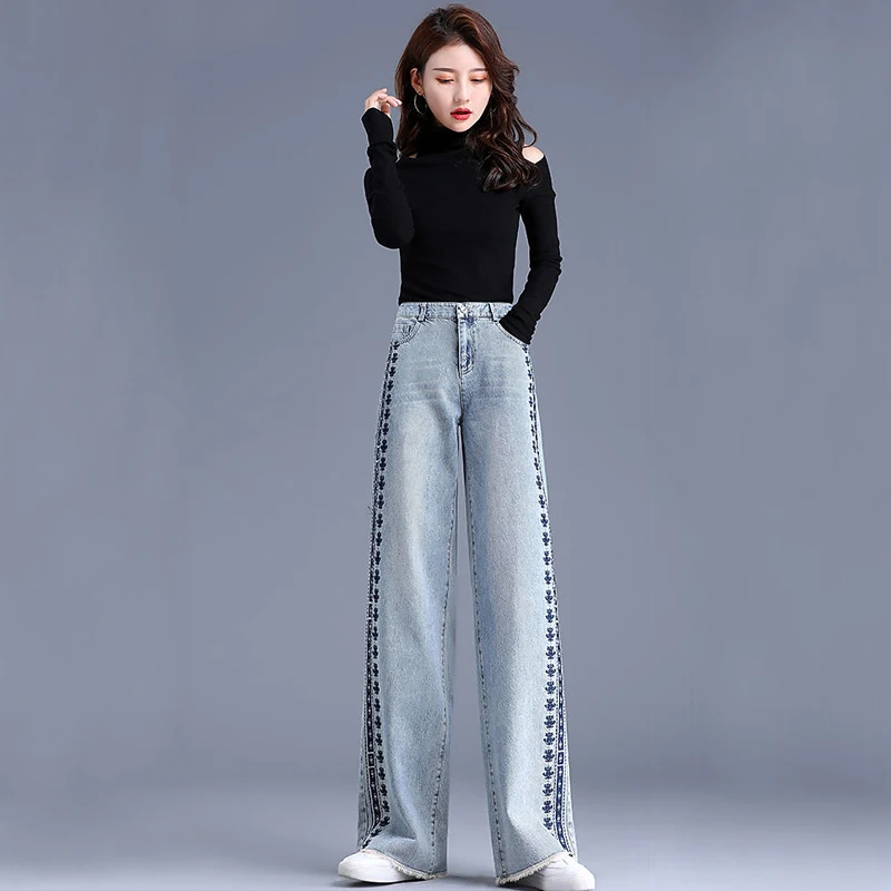 

Зима 2023, женские широкие джинсы с вышивкой, свободные узкие прямые повседневные брюки с высокой талией, универсальные джинсы с высокой талией