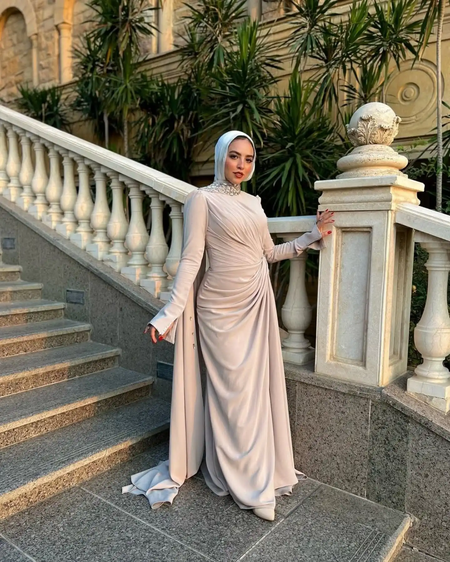 

Customized Formal Jersey Mermaid Crystal Evening Dress Delicate Long Sleeves High Collar Floor Length Bespoke Occasion Gowns