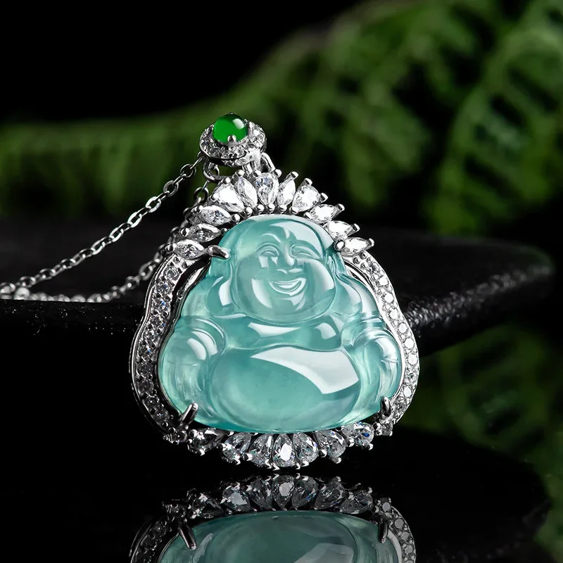 

Burmese Jade Maitreya Pendant Natural Emerald Gemstones Certificate Blue Choker 925 Silver Talismans Gift Jadeite Necklace