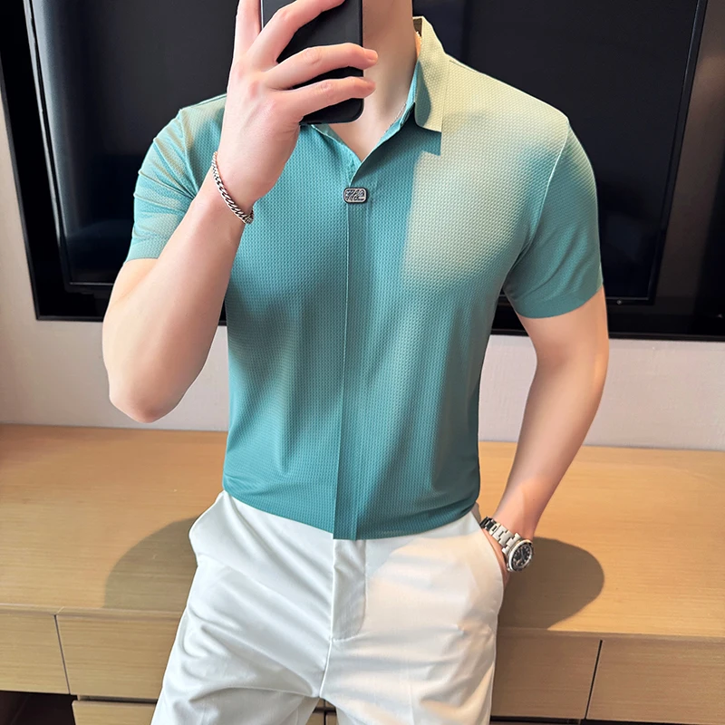 2024 Summer Ice Silk Seamless High Elastic V-neck Polo Shirt for Men Short Sleeve Tshirts Business Social T-shirts Men Clothing