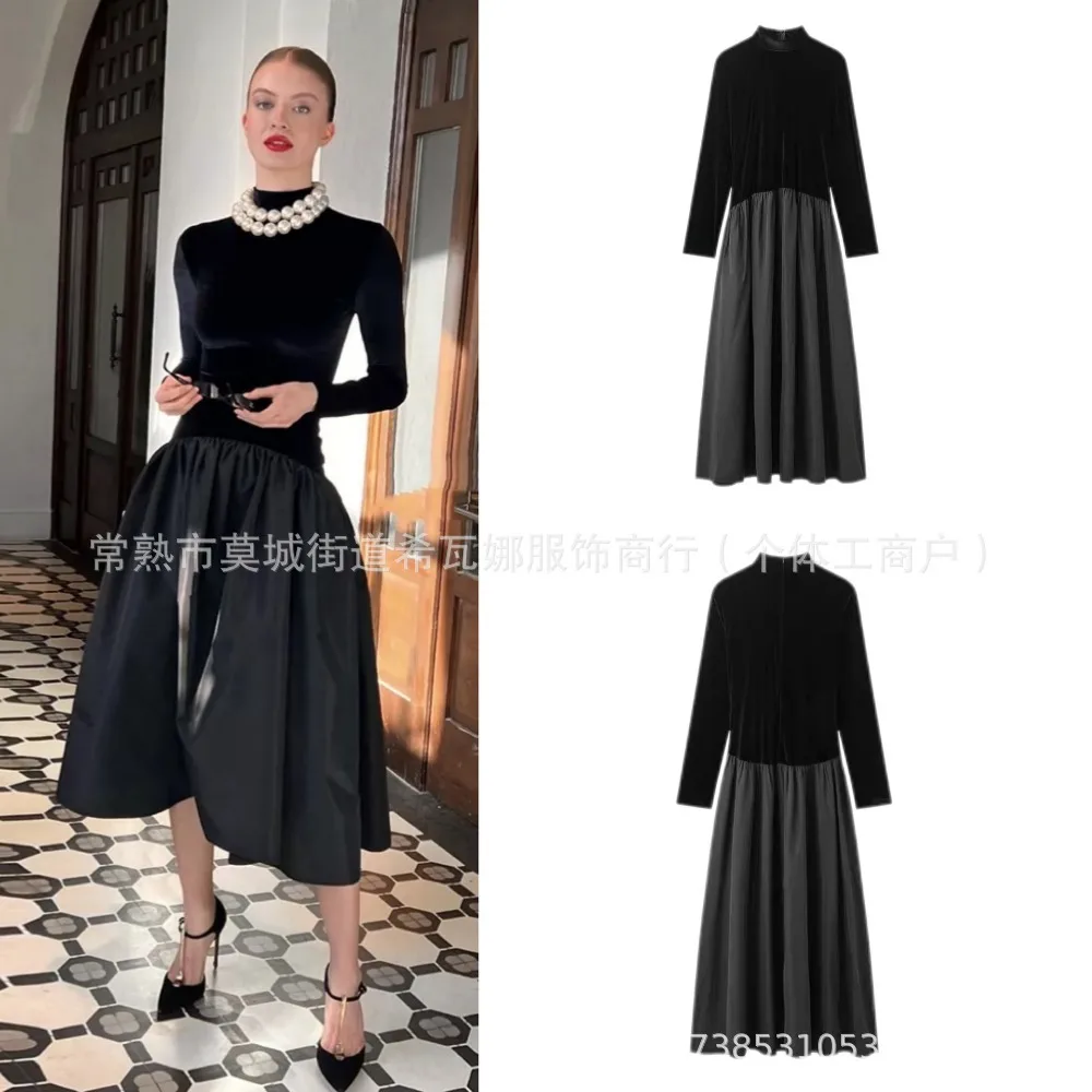 

Luxury High-end Women Black Dress Long Sleeves Slim Trendy Patchwork Audrey Hepburn Black Dress A-line Design Party Gown Robe