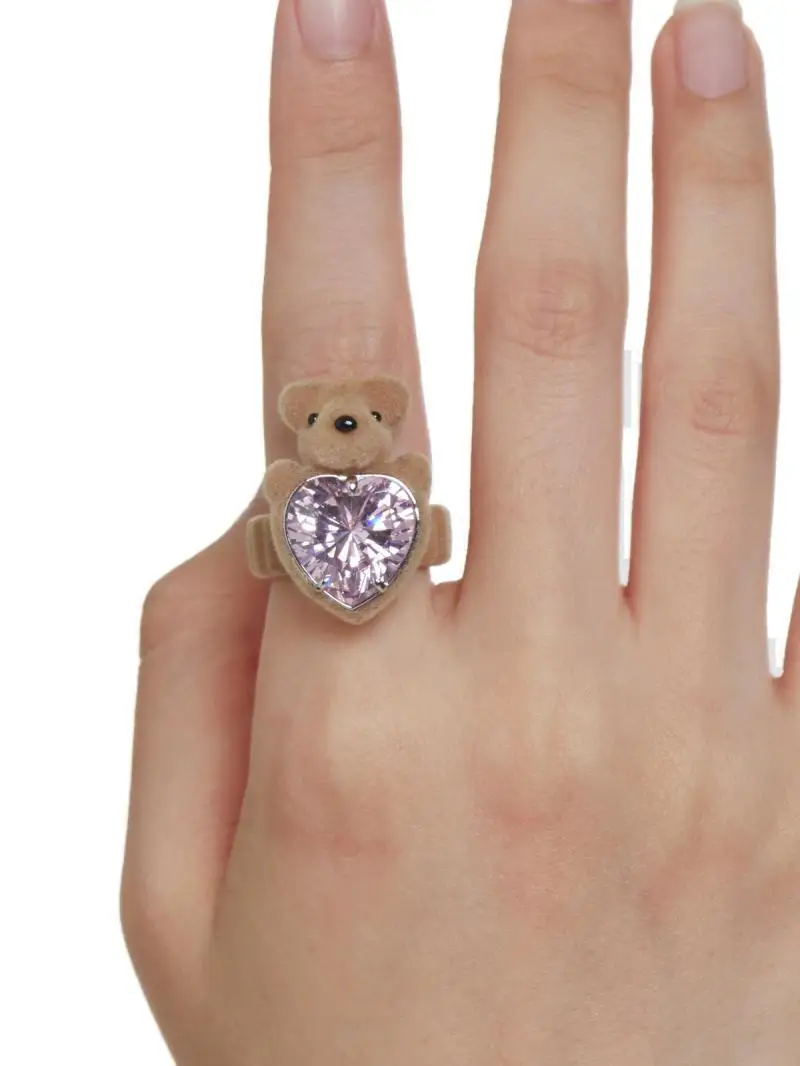 Heart-Shaped Bear Flocking Ring Teddy Bear Finger Rings for Women Fashion Jewelry Party Gift