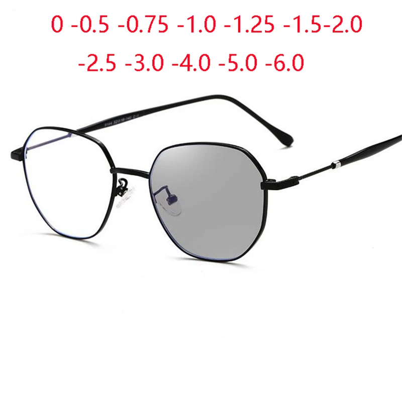 Metal Polygonal Photochromic Prescription Eyeglasses Women Men Intelligent Chameleon Nearsighted Glasses 0 -0.5 -0.75 To -6.0