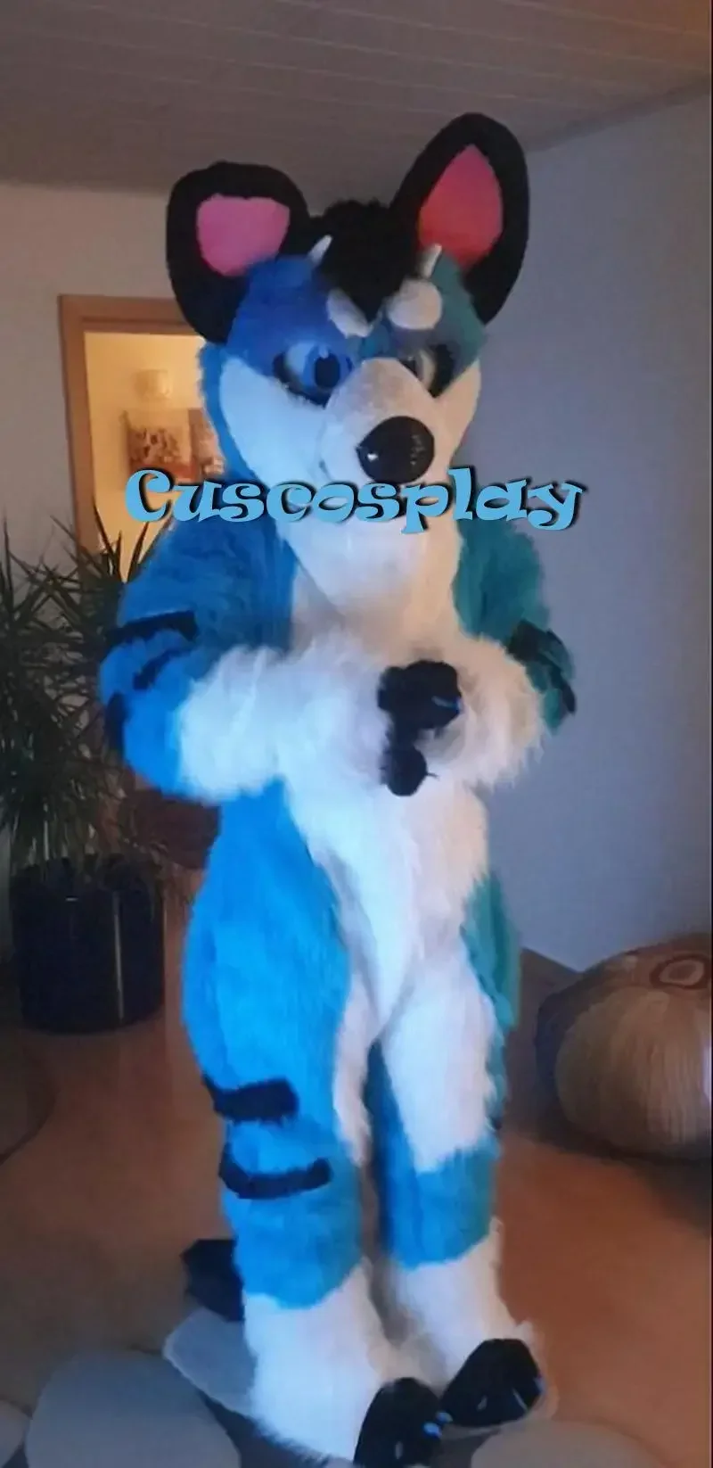 Christmas Blue Long Fur Blue Husky Dog Fox Wolf Fursuit Mascot Costume Suit Cosplay Party Game Fancy Dress Adults Parade Adver