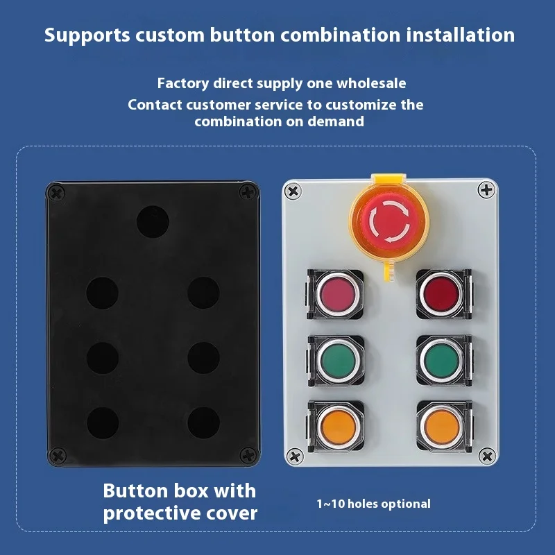Black Waterproof Button Control Box Outdoor Switch 22mm Power Emergency Stop Indicator Light Knob Plastic Thickened Model