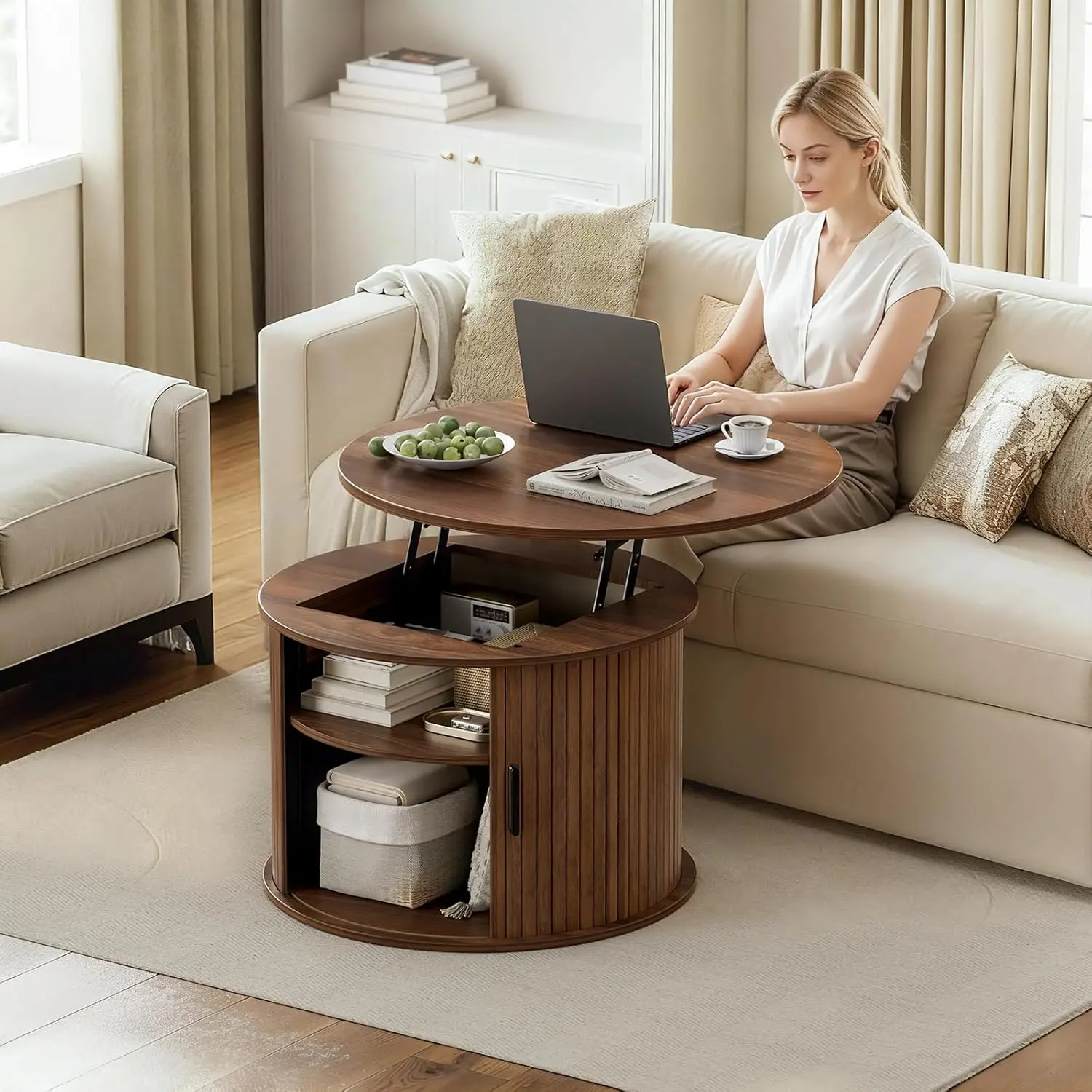 Round Lift Top Coffee Table, Fluted Wood Accent Coffee Table with Hidden Storage and Open Shelves, Drum Table with Sliding Rolli