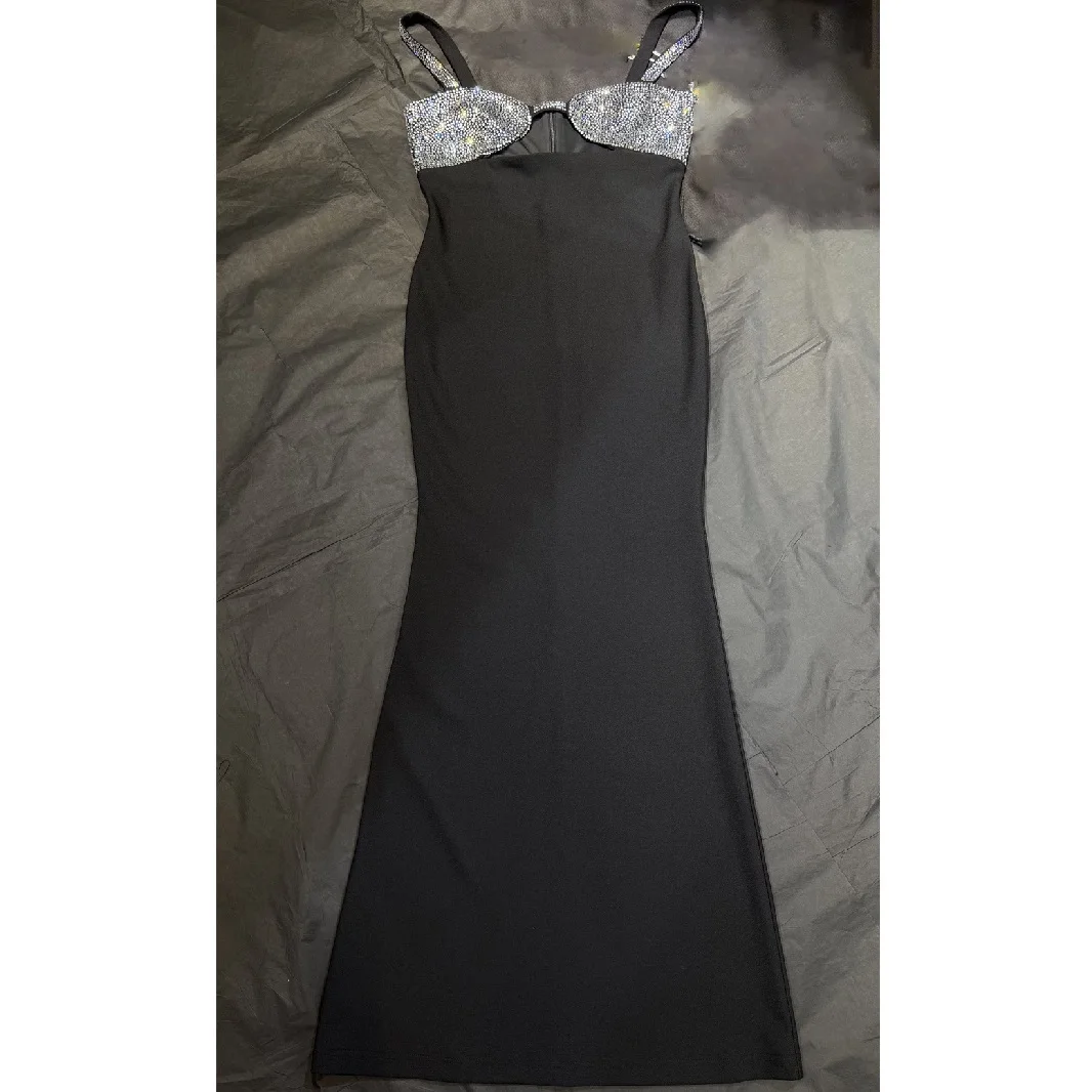 2026 Winter Women's Sexy Slip Dress with Rhinestones and Corset, Women's Black Dress, Y2K New High-Quality Party Bodysuit bra