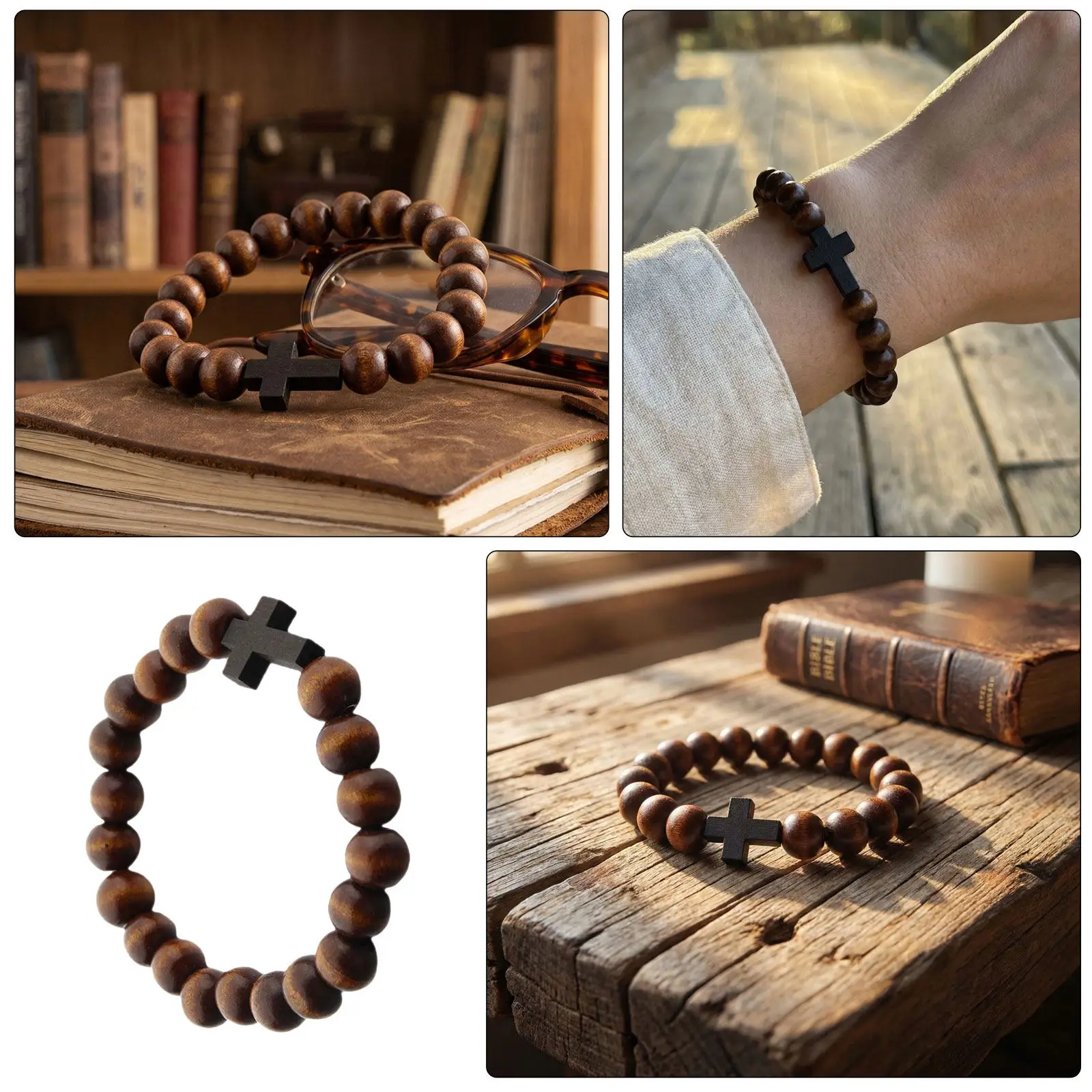 8Pcs Wooden Beaded Bracelet Stretch Elastic Religious Faith Prayer Jewelry Gift Bracelet Devotional Bracelets