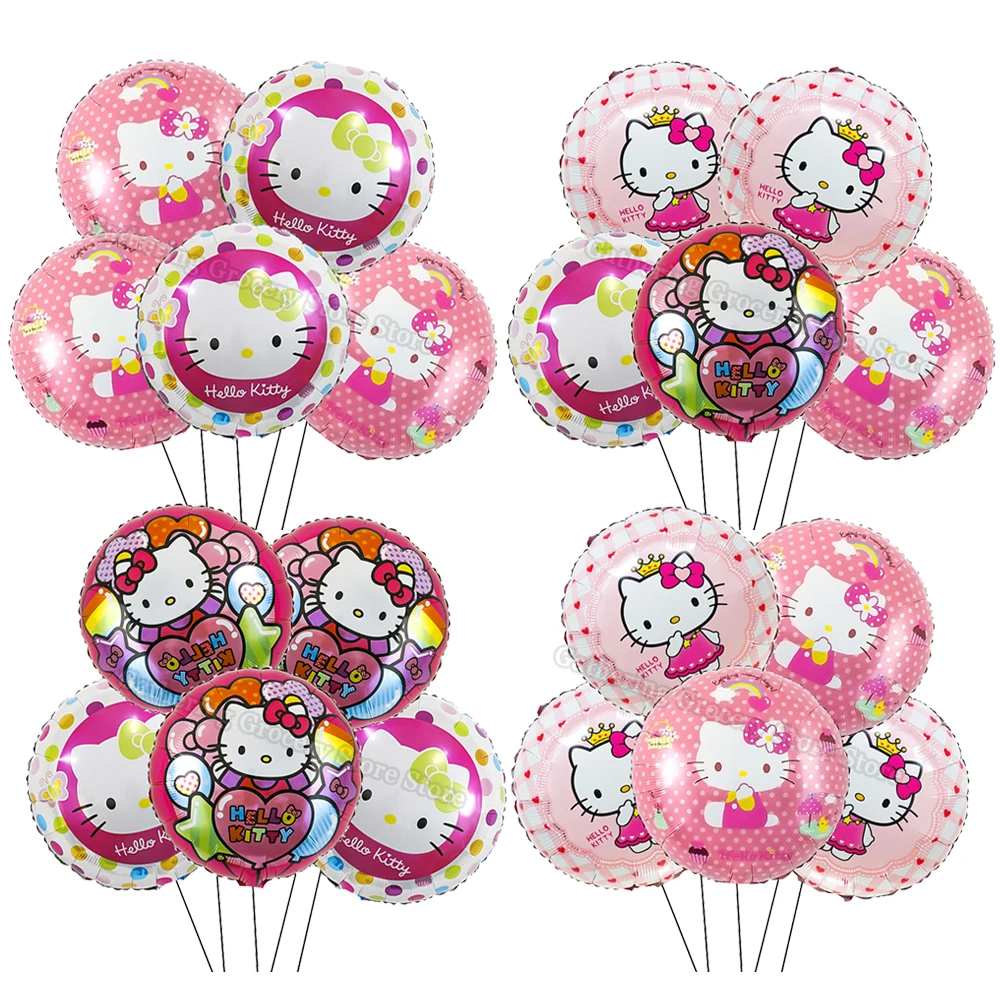 5Pcs Hello Kitty Inflate Helium Globos Girl Birthday Party Supplies 18in Round Aluminium Film Ballon Party Decoration Wedding