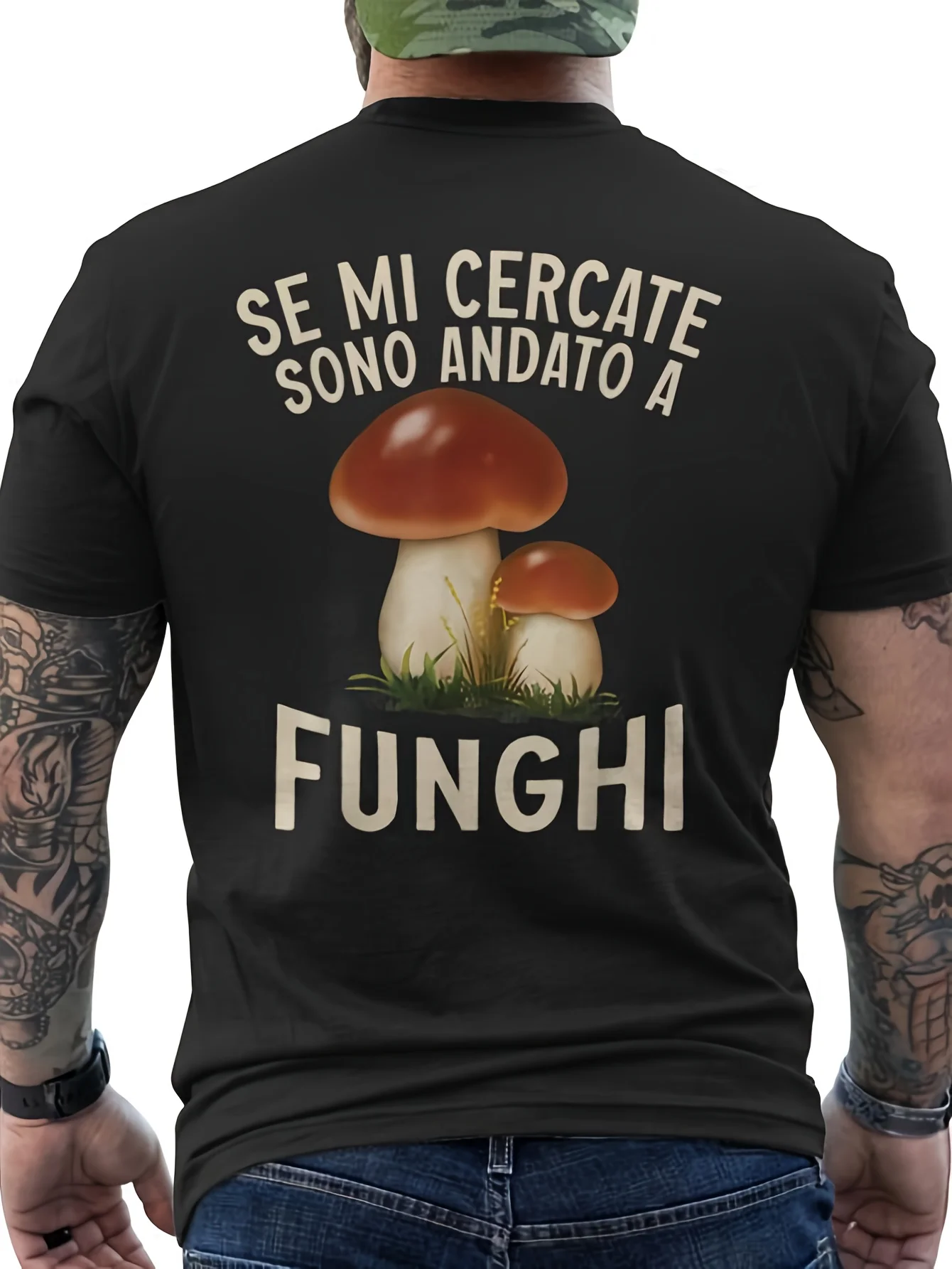 Camiseta Italiana con Estampado de Hongos Porcini y Proverbios Italianos para Hombre - Diseño de Cultura Gastronómica Italiana, Camiseta Casual de Cuello Redondo para Hombre
