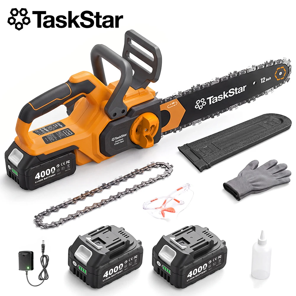 TaskStar 12-Zoll-Akku-Kettensäge, 1600 W, bürstenloser Elektrosäge mit automatischer Ölfunktion, Sicherheitsverriegelung und 2 x 4000-mAh-Akku, kompakte, handliche Kettensäge zum Beschneiden von