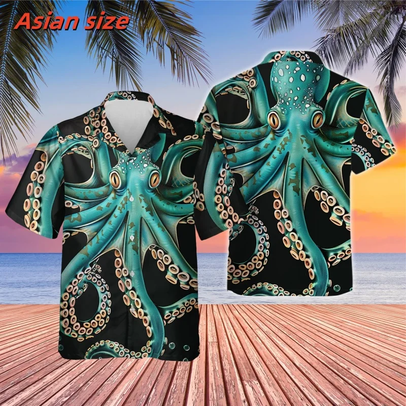 Mysterious Tentacle Pattern Hawaiian Shirt For Men Skeleton 3D Printed Blouse Summer Loose Short Sleeve Lapel Tops Aloha Shirts