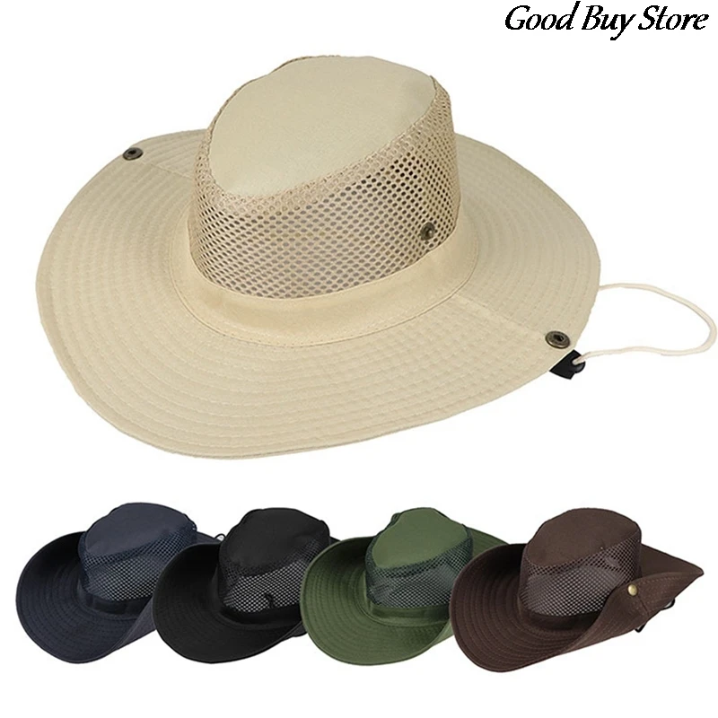 Breathable Mesh Fishing Hat Outdoor Hunting Hiking Sun Hats with Buckle Large Sunshade Panama Sun Protection Travel Caps Unisex