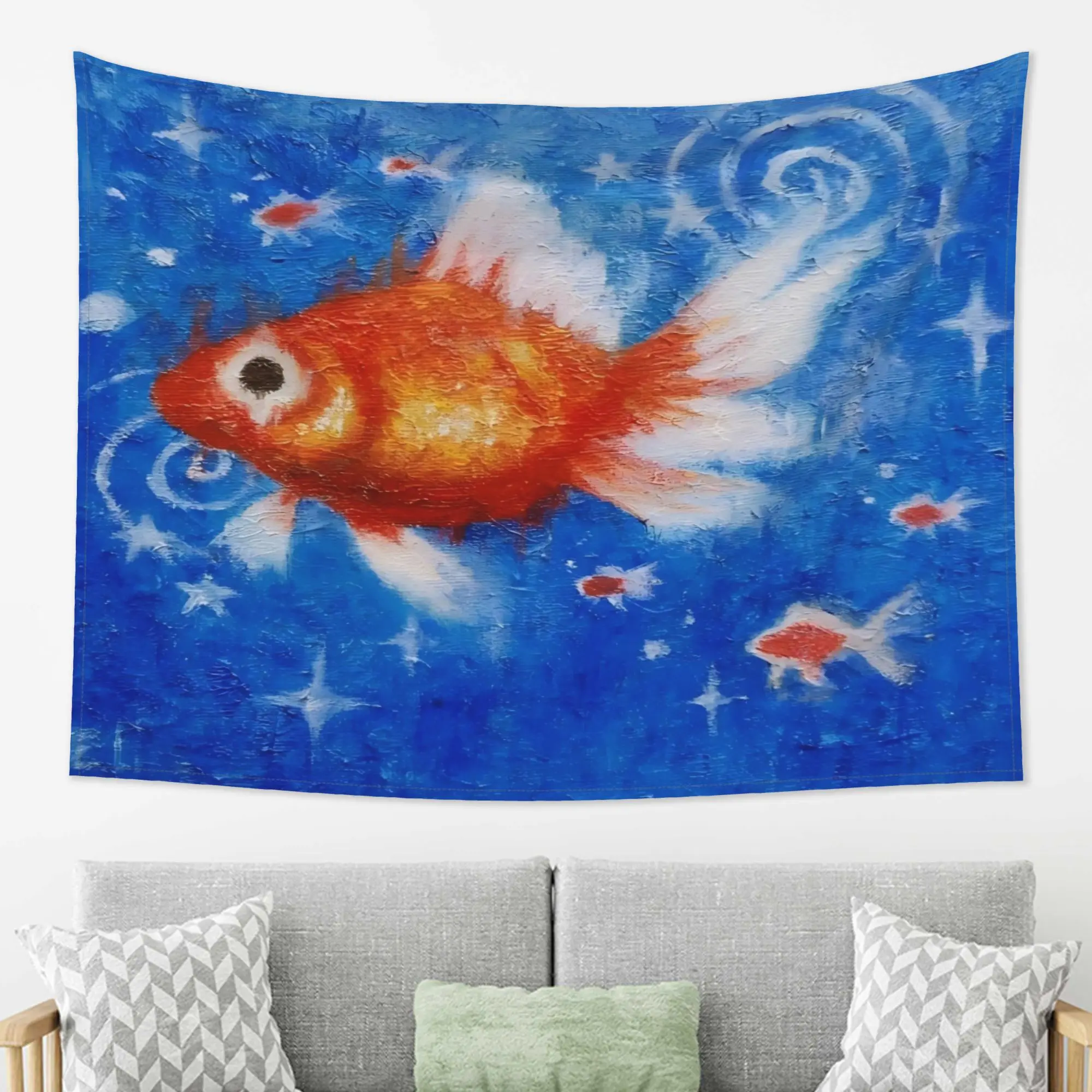 Bohemian Tropical Fish Tapestry Wall Hanging Blue Ocean Underwater Nautical Marine Art Canvas Decor for Home Living Room Bedroom