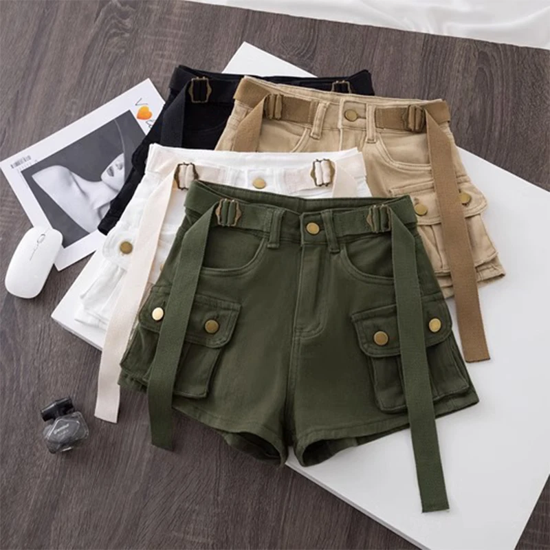 Summer Women Cargo Denim Shorts Korean Style Casual Solid Color Short Pants Pockets Spice Girls Hot Pants