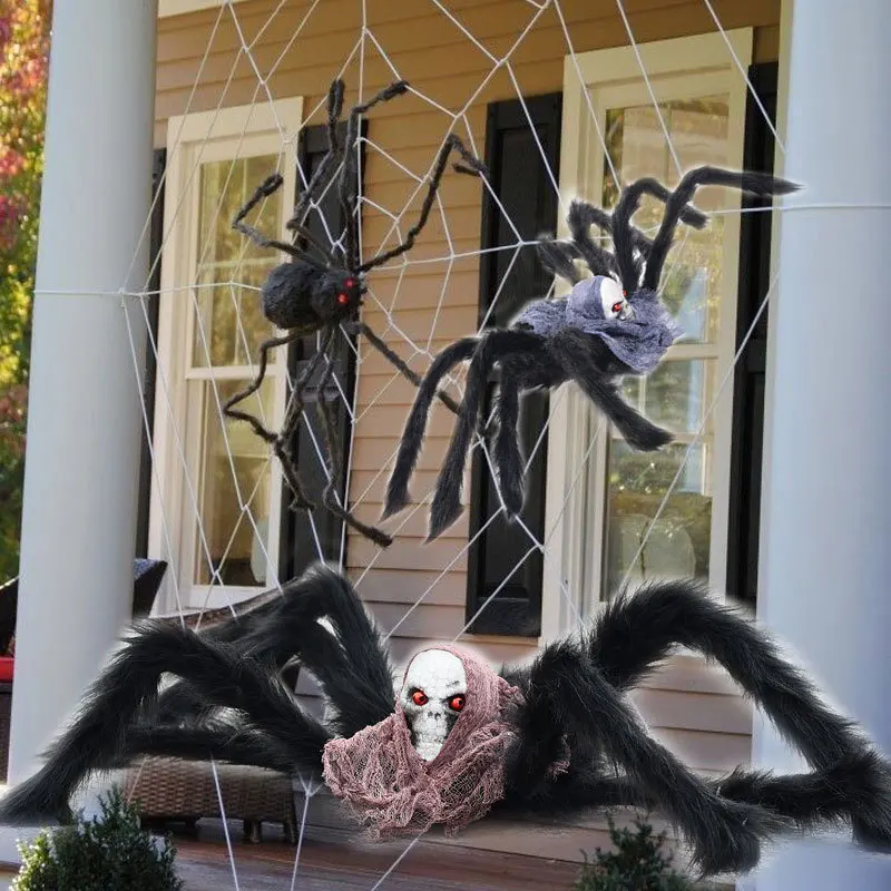 2PCS Halloween Plush Spider Skull Veil Horror Party Haunted House Decoration Props Simulation Spider Halloween Simulation Spider