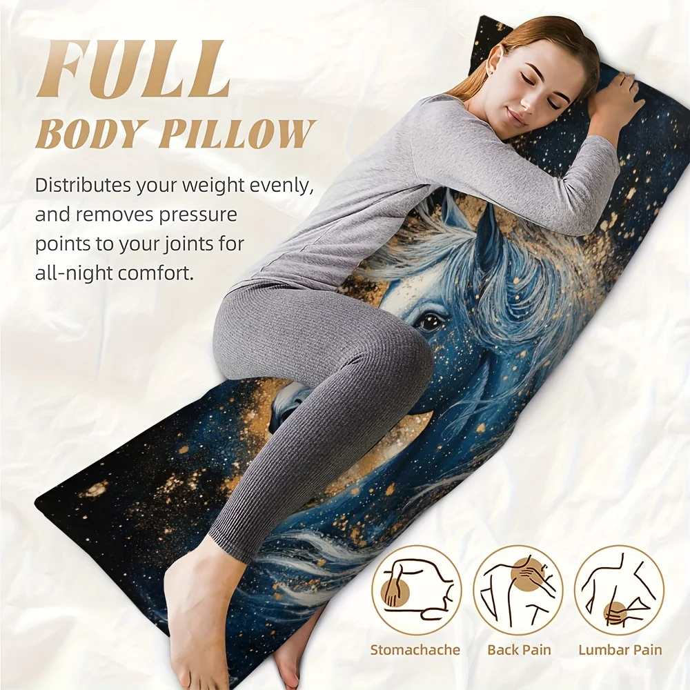 1pc Long Pillowcase, Minimalist Horse in Galaxy Acrylic Style with Embroidered Feel, Double-Sided Print, 50.8x137.16 cm, for Sof