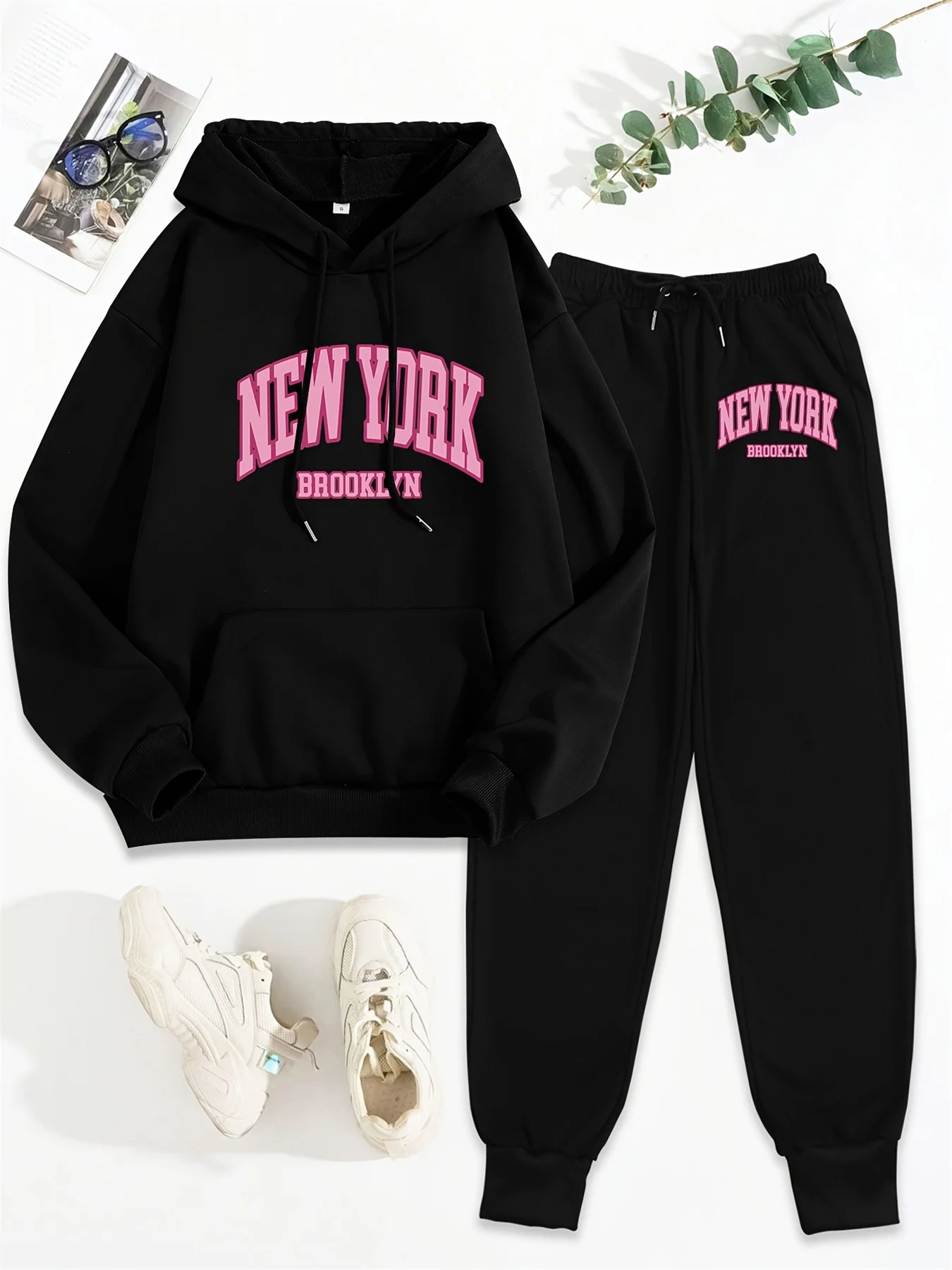 

Women's Autumn/Winter Hoodie+Sports Pants Set Street Casual New York Letter Printed Fashion Plus Velvet Warm Clothing