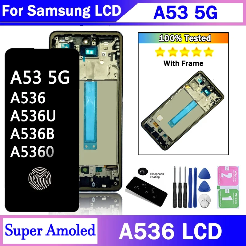 Super AMOLED For Samsung A53 5G LCD A536U A536B A5360 Display Panel Glass Touch Screen Digitizer For Samsung A536 LCD Frame