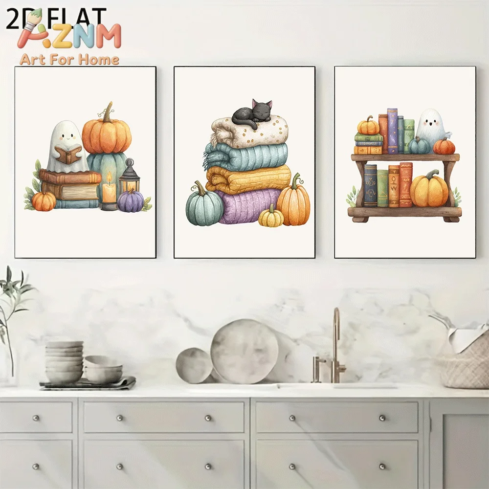 AZNM Watercolor Fall Halloween Canvas Wall Art, Cute Ghost Black Cat Pumpkin Stacked Quilt Vintage Book Shelf Cozy Autumn Festiv
