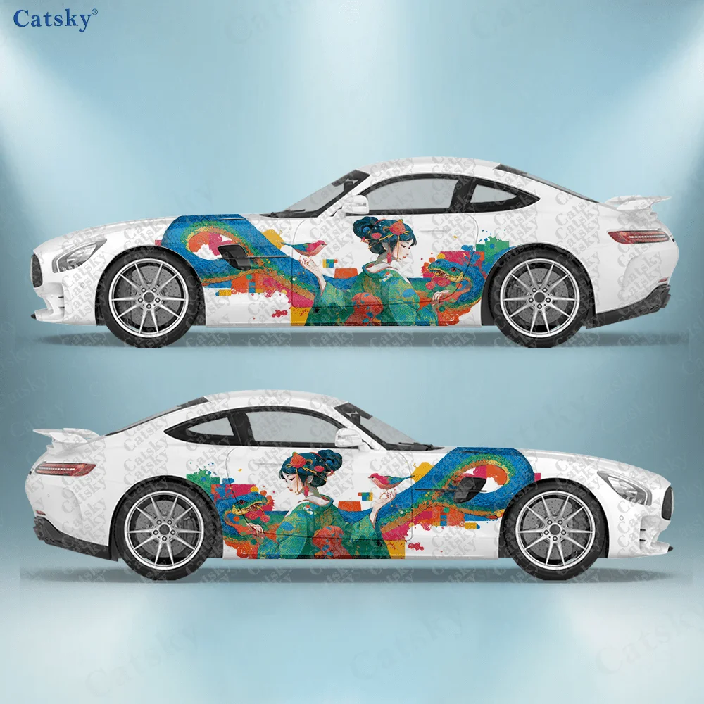 2pcs Japanese Colorful Snake Girl Car Side Decals, Self-Adhesive PVC Waterproof & Scratch-Resistant Stickers, Fashionable Decal
