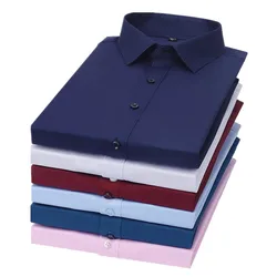 2024 Summer New Male Bamboo Fiber Short Sleeve Breathable Shirt White / Navy / Wine Red Men Business Social Dress Shirts