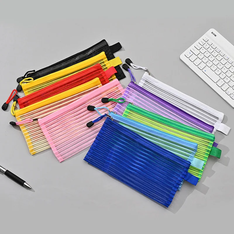 200Pcs Transparent Mesh Student Examination Stationery Storage Bag Large Capacity Multi Specification Colorful Zip Pen Bag