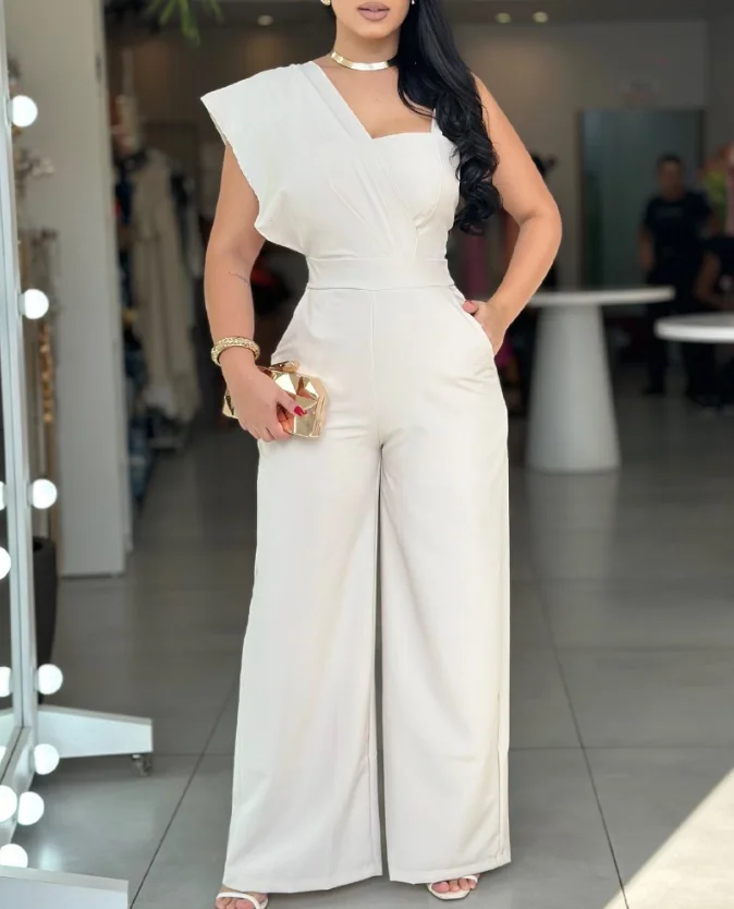 

Cold Shoulder Sleeveless Pocket Design Jumpsuit Casual Backless Wide Leg Romper full length for sexy and elegant women