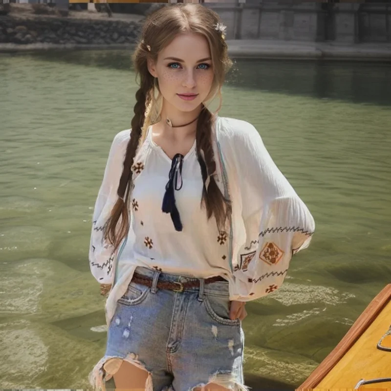 Camisa de manga abullonada étnica para mujer, blusa superior informal con cuello con cordones, diseño de correa, bordado de flores, hada social,